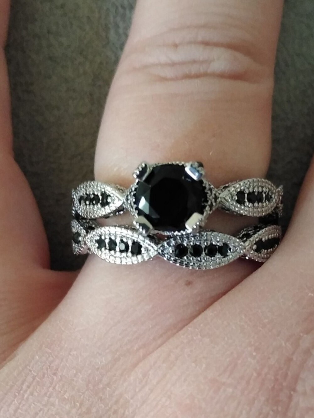 10k White Gold Over Silver 2 PC Onyx Solitaire W/Accents Eternity Ring Set Sz 10 - Picture 2 of 12